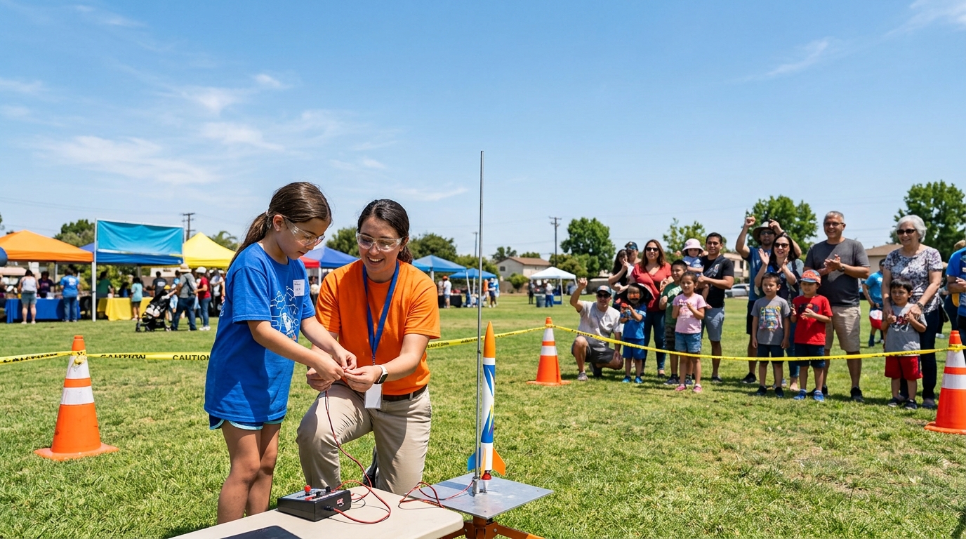 Child preparing a model rocket for launch in Downey
