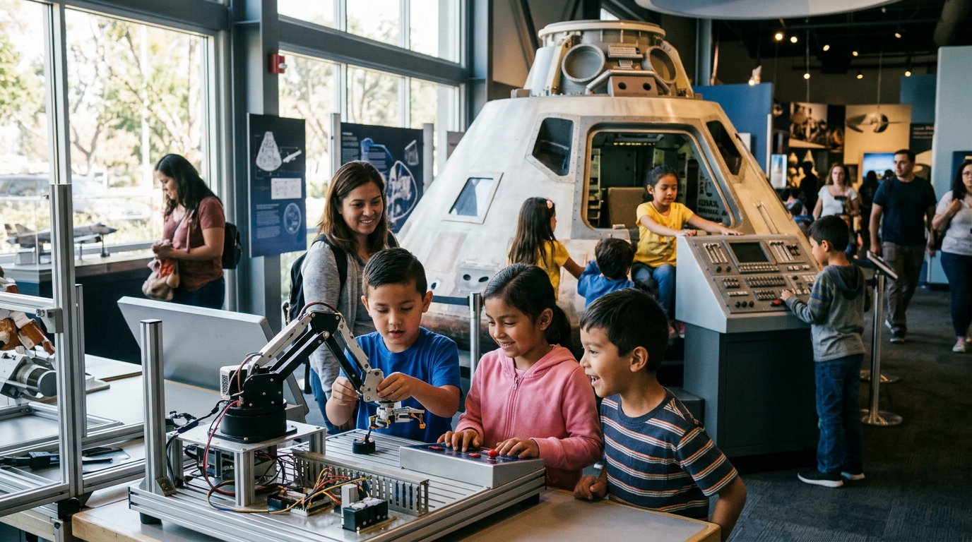 Children exploring aerospace exhibits in Downey
