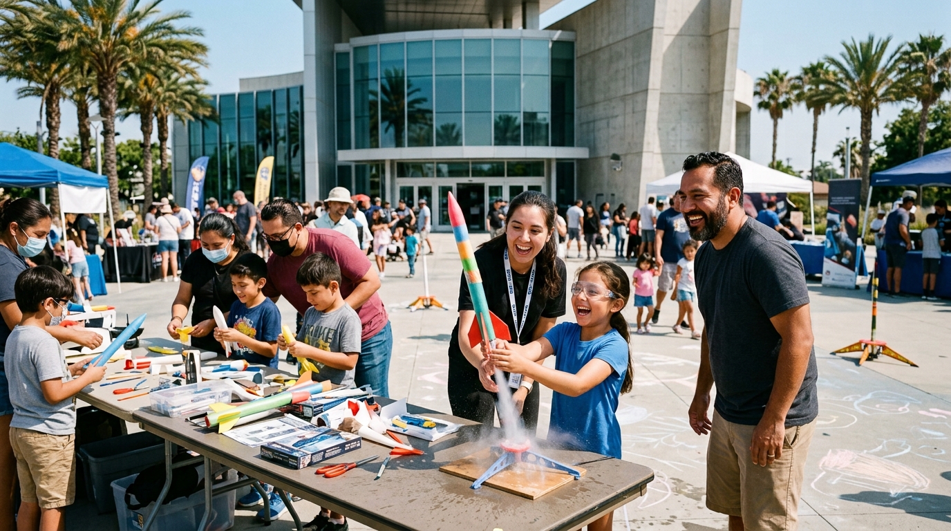 Children exploring rockets at a Downey science event
