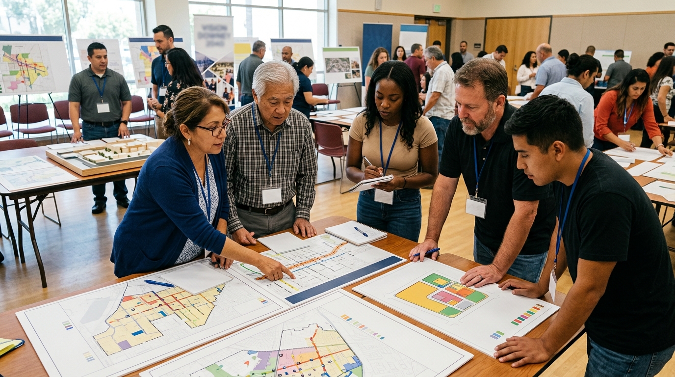 Downey residents reviewing a major development plan