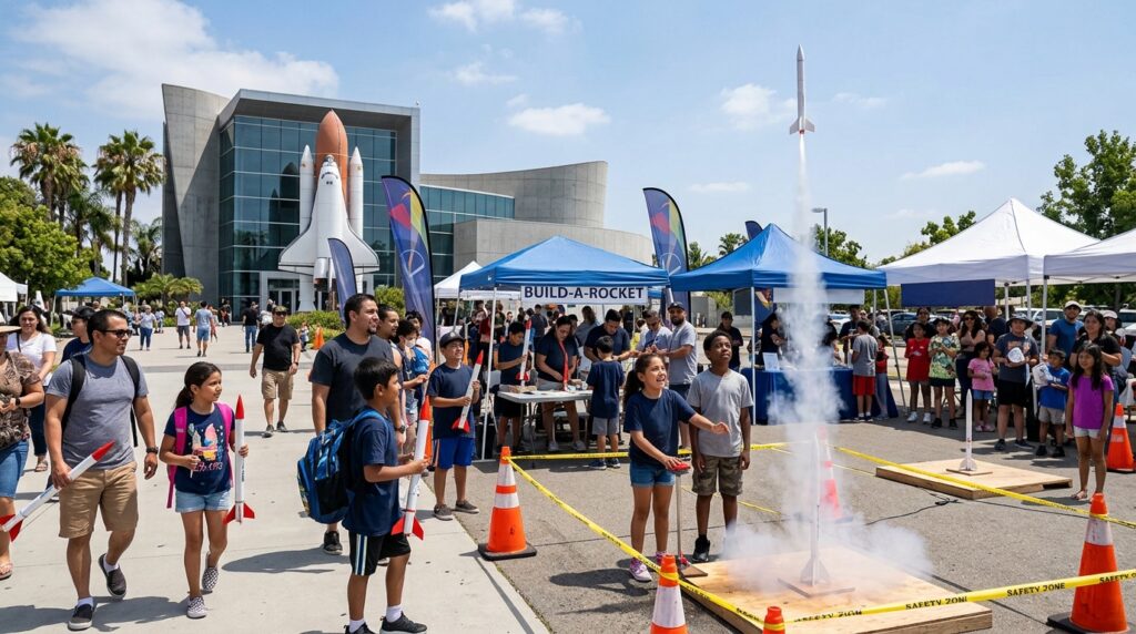 Families launching model rockets at Rocket Fever in Downey