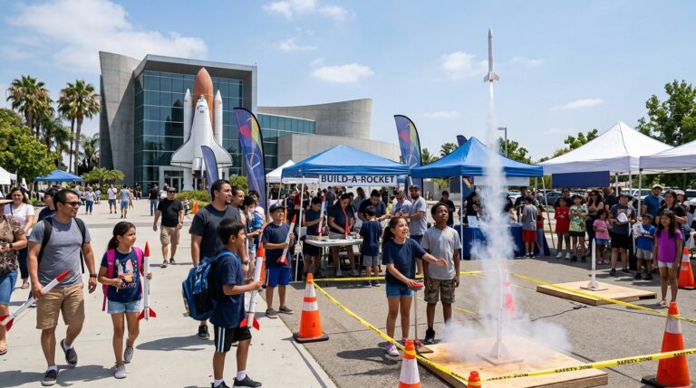Families launching model rockets at Rocket Fever in Downey