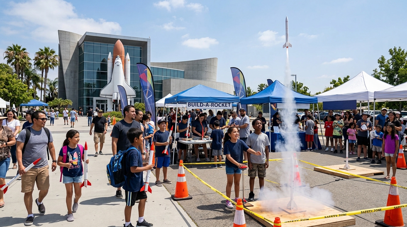 Families launching model rockets at Rocket Fever in Downey