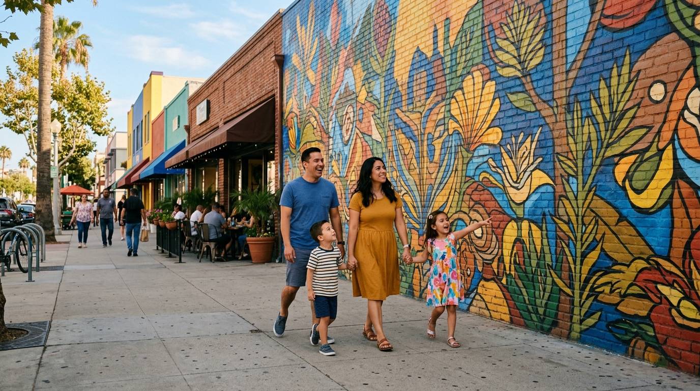 Family exploring murals in Downtown Downey